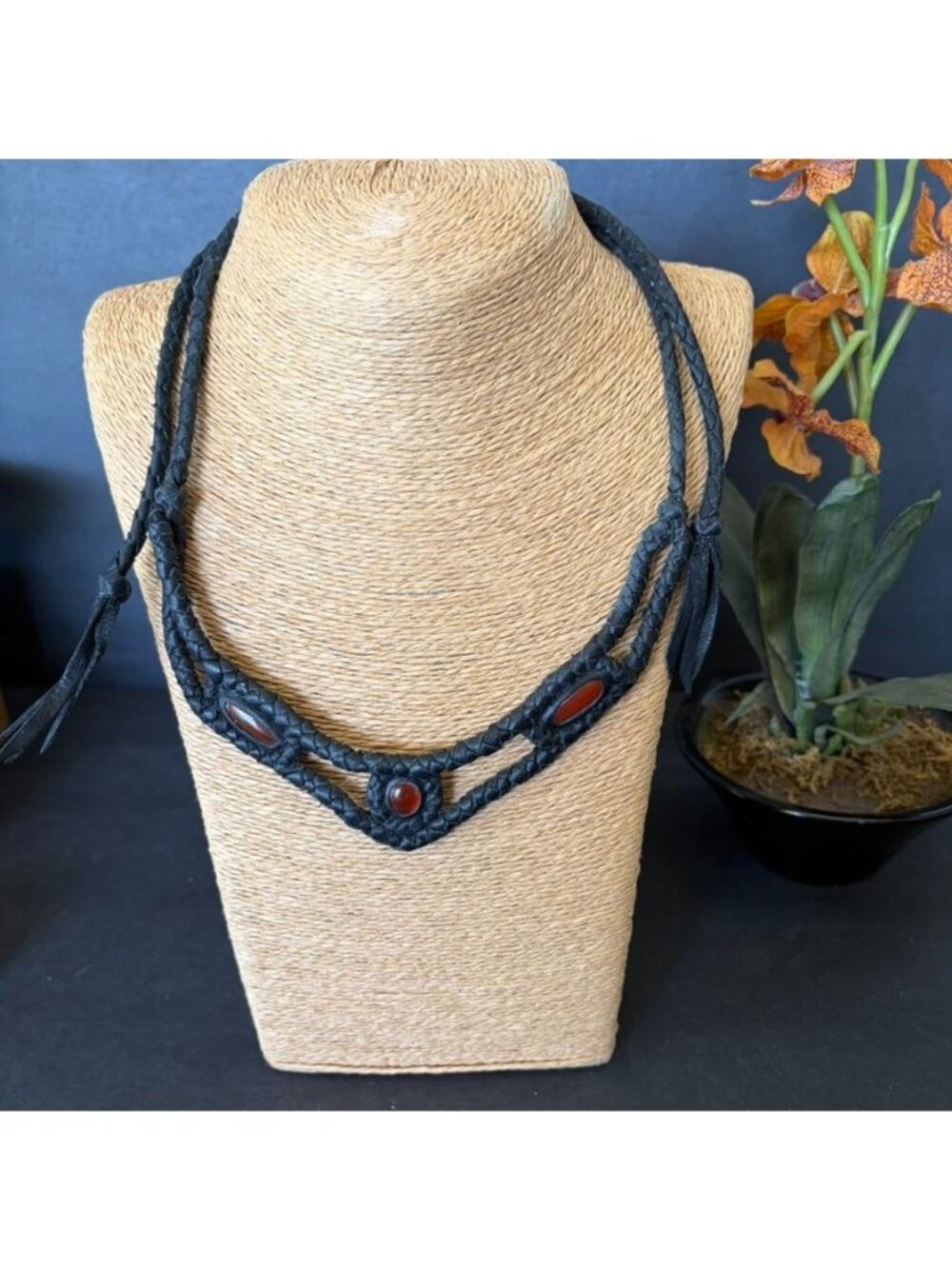 Vtg Braided Leather Macrame Necklace With Carnelian Stones Adjustable 24" Boho